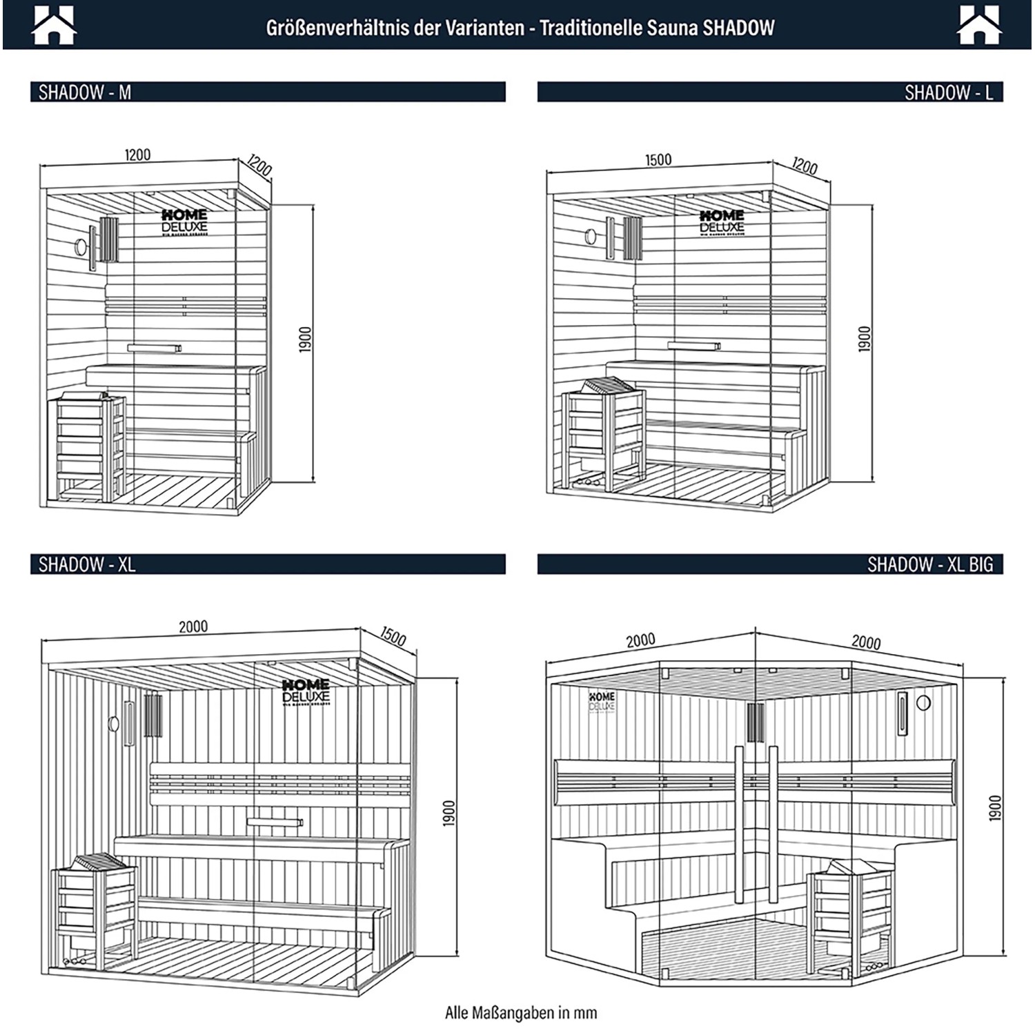 Skizze der Home Deluxe SHADOW Sauna in verschiedenen Größen (M, L, XL, XL BIG) mit Maßangaben.
