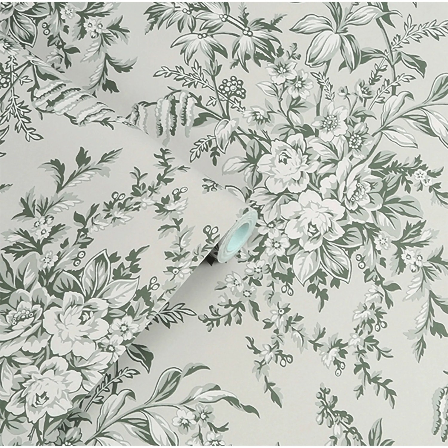 Laura Ashley Vliestapete Picardie Sage mit floralem Muster in Grün- und Weißtönen.