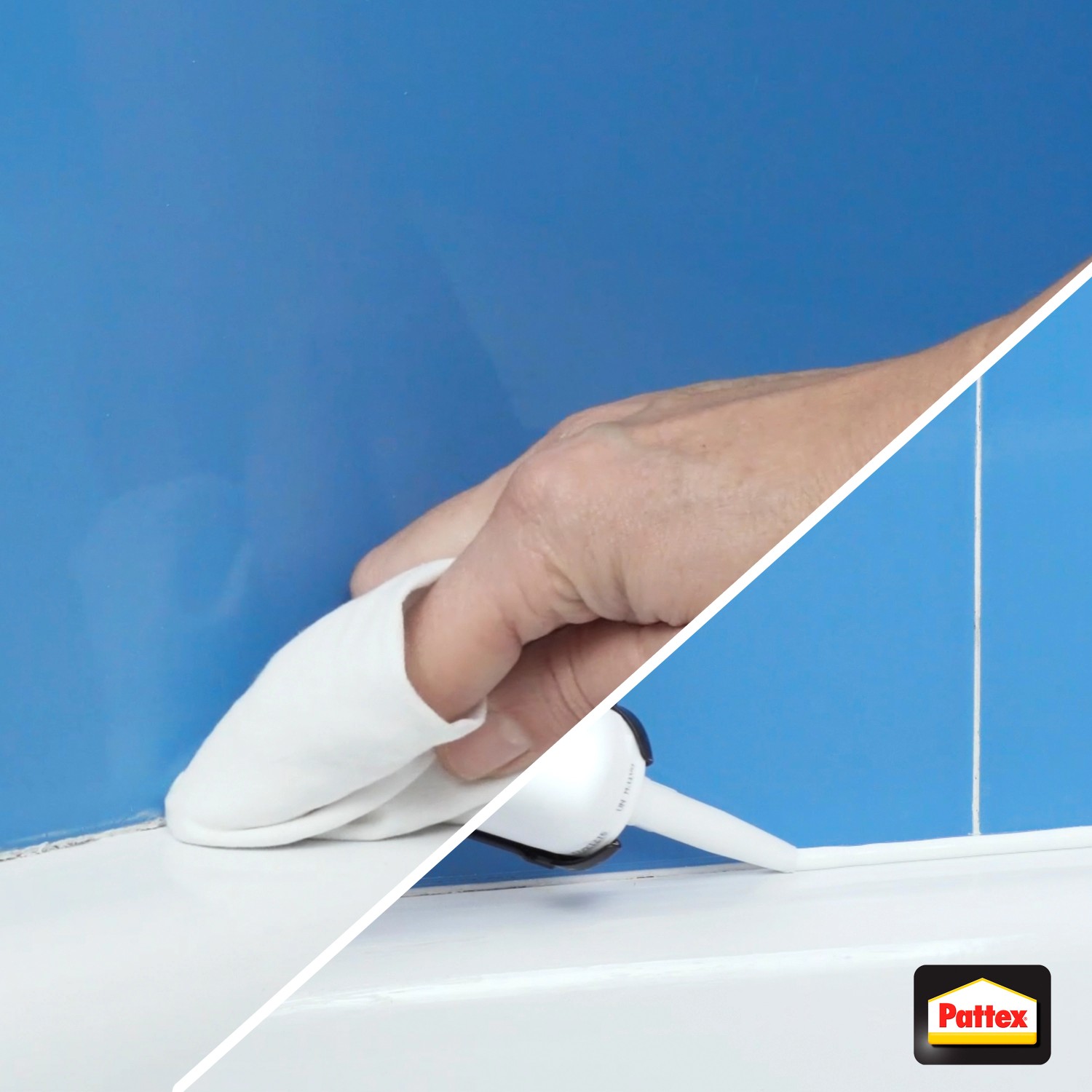 Anwendung von Pattex Fugenhai zum Entfernen von Fugenmasse im Badezimmer.