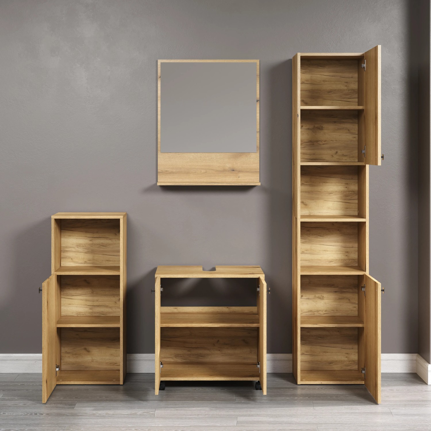 Trendteam Hochschrank Pure Bliss, Artisan Eiche mit Rillen, Bad-Standregal, 40 cm breit.