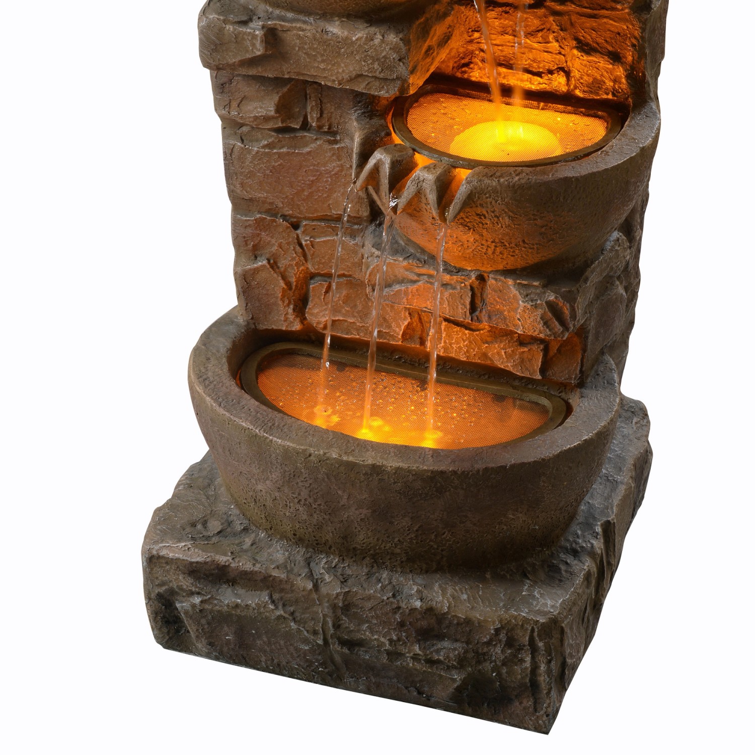 Teamson Home Gartenbrunnen mit Schalen, gestapelten Steinen und LED-Beleuchtung.