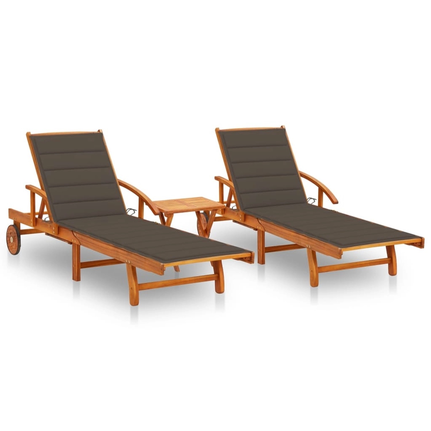 VidaXL Sonnenliegen 2 Stk. mit Tisch und Auflagen Massivholz Akazie Kissenfarbe  Taupe