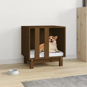 Honigbraune Hundehütte aus Kiefernholz mit Hund auf weißer Matratze.