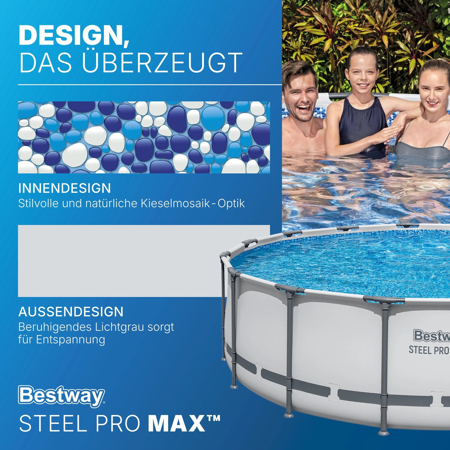 Runder Bestway Steel Pro Max Framepool, lichtgrau, mit blauem Kieselmosaik-Muster. Menschen genießen den Gartenpool.