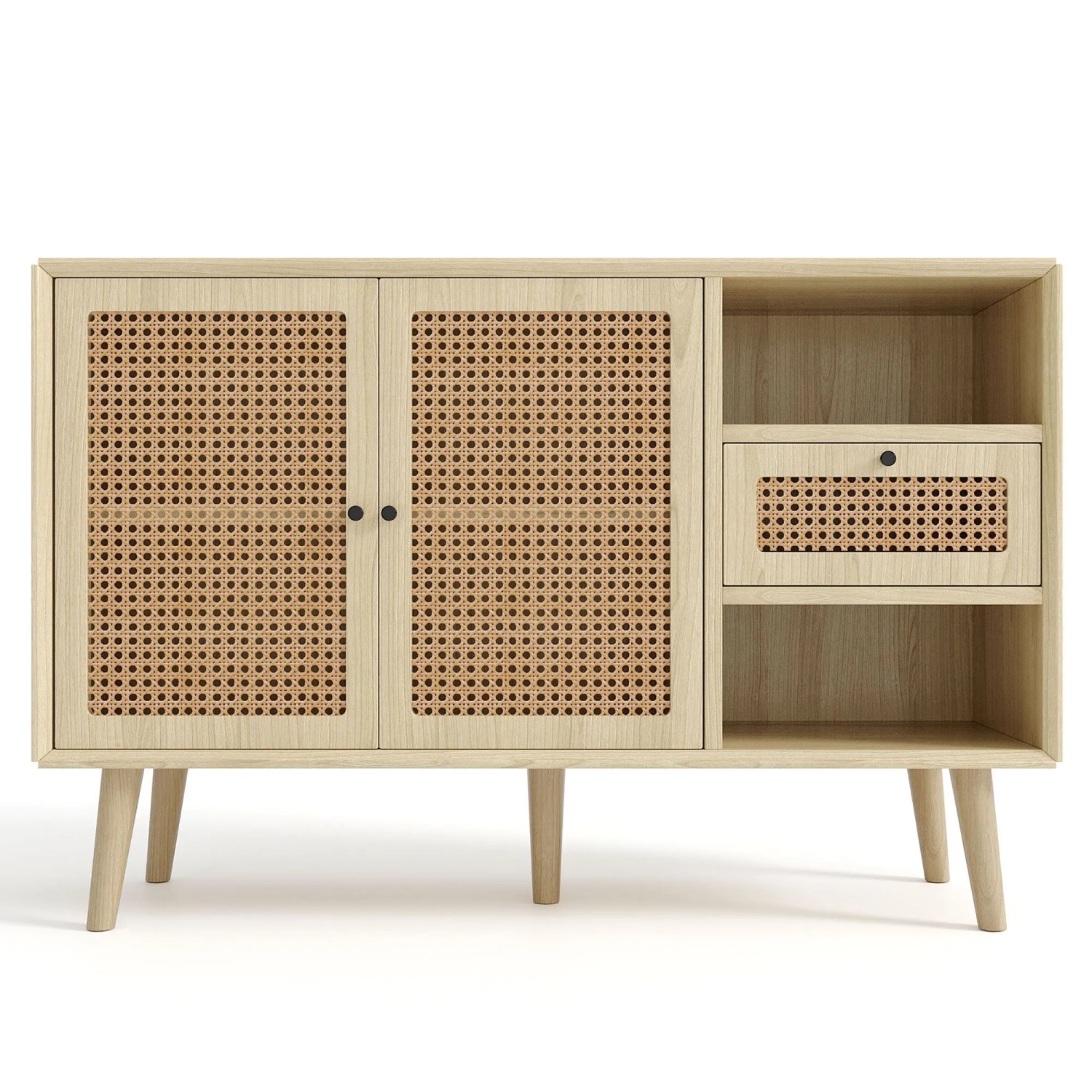 Merax Sideboard 120x40x80 cm Eiche Rattan 1 Schublade 2 Türen Verstellbare Ablagen