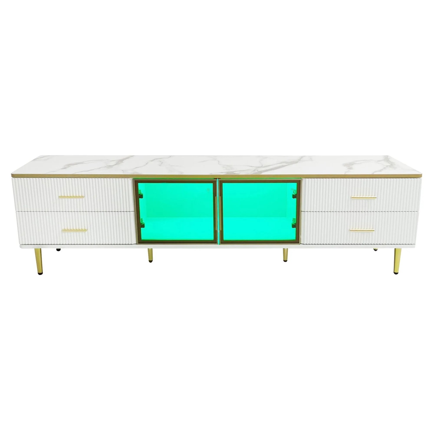 okwish TV Schrank mit LED Schubladen Türen Gehärtetem Glas 170x37x47.5cm Marmoroptik Gold Weiß