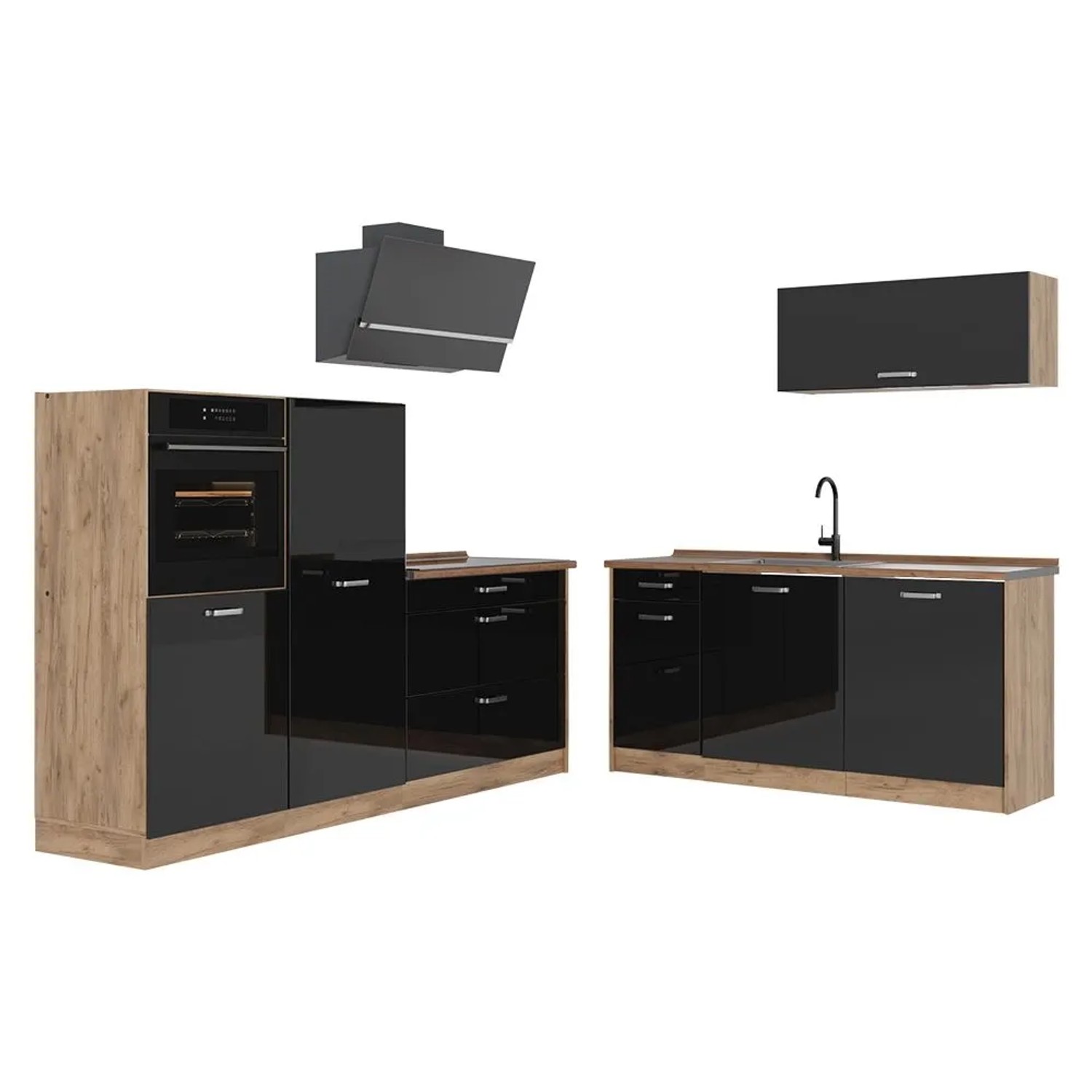 Vicco Küchenzeile R-Line Schwarz Hochglanz/Goldkraft Eiche 220 x 143 Arbeitsplatte Goldkraft Eiche Art Nr 66323