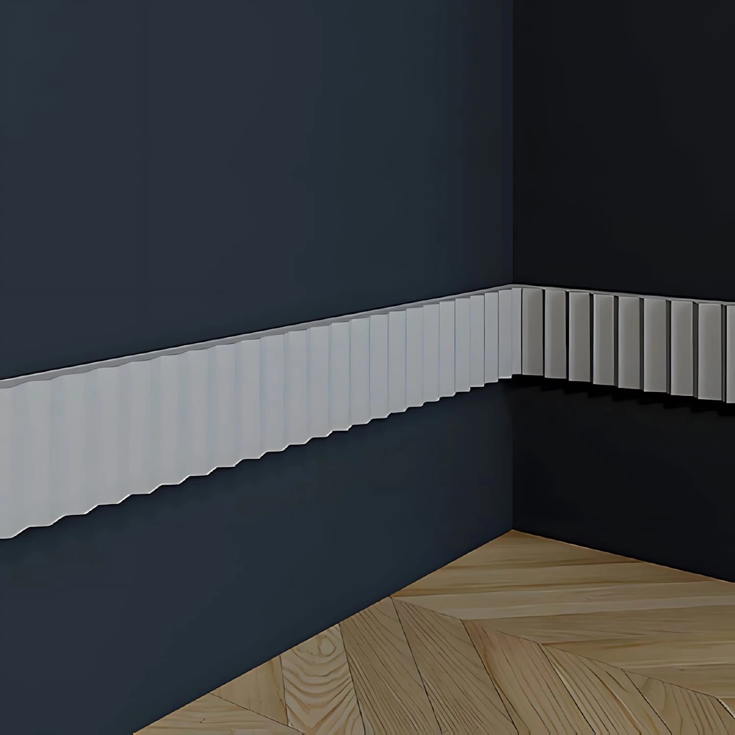 Weiße PROFHOME Wandleisten (4 Stk.) im Set, montiert an einer blauen Wand.