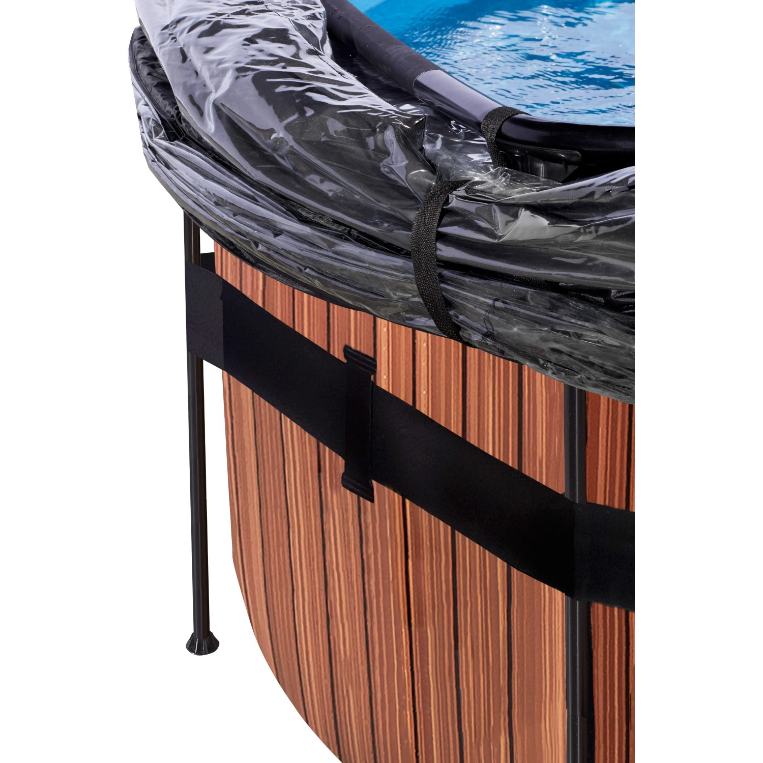 Detailansicht: Runder EXIT Wood Pool mit brauner Holzoptik, Abdeckung und schwarzem Stahlrahmen.