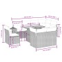 vidaXL 9-tlg. Garten-Sofagarnitur mit Kissen, schwarzes Poly Rattan, Maße eingezeichnet.