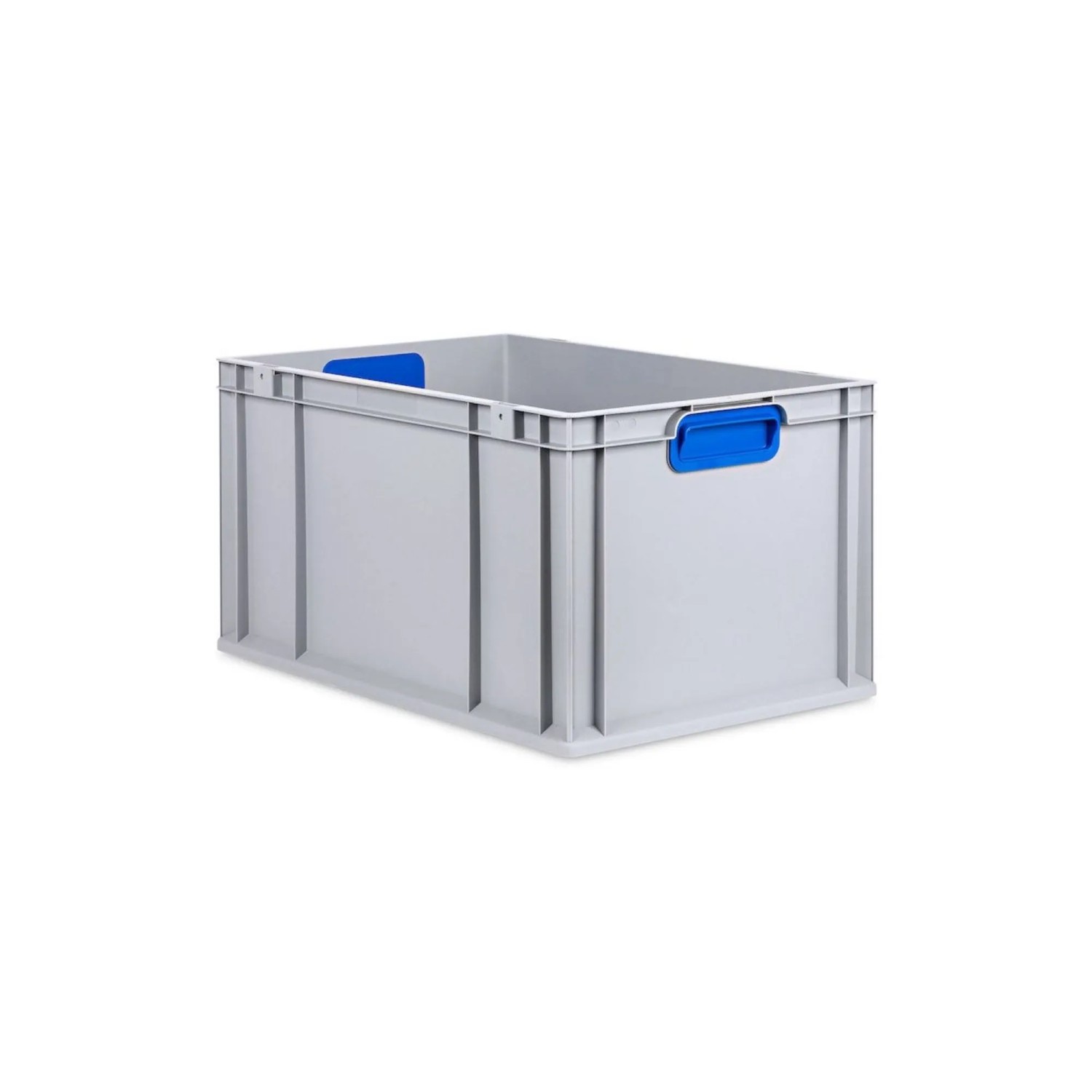 Graue PROREGAL Eurobox mit blauem Griff, Auflagedeckel und Schiebeschnappverschlüssen.