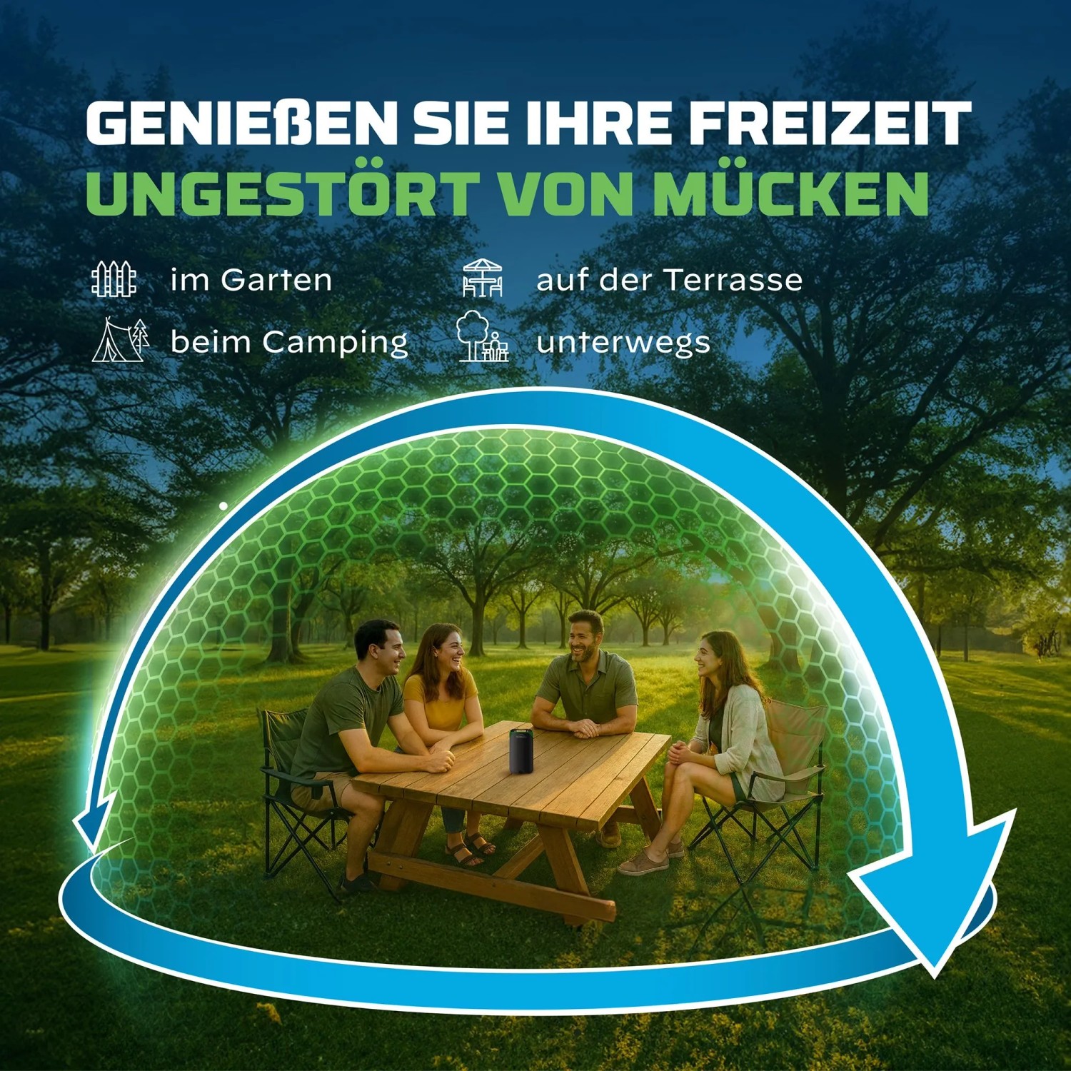 Thermacell Mückenabwehr Protect: Tischgerät im Garten mit Mückenschutz-Zone.