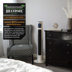 Brandson Turmventilator mit DC-Motor, 12 Stufen, Timer und Fernbedienung im Wohnraum.