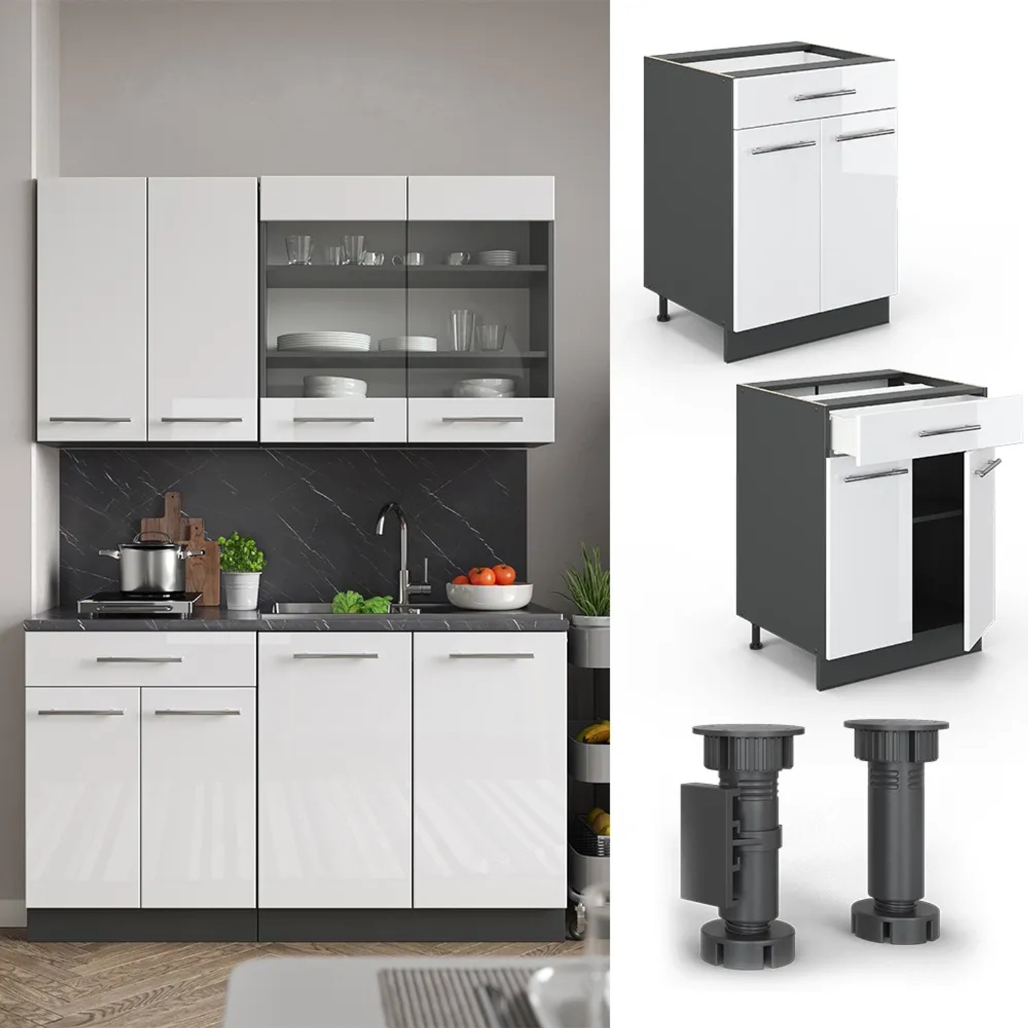 Vicco Küchenunterschrank Fame-Line, 60 cm, Weiß Hochglanz/Anthrazit mit Schublade und AP Marmor.