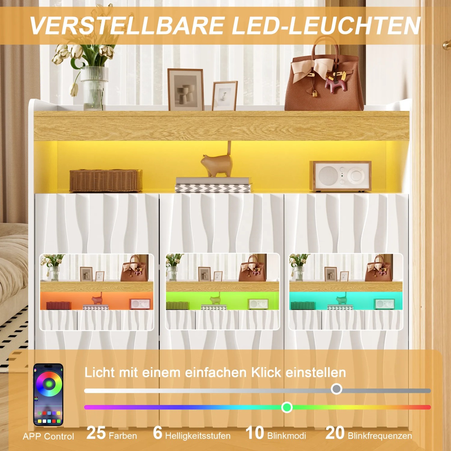 Merax Sideboard, weiß, mit 3D-Wellenfront & verstellbarer LED-Beleuchtung. Modernes Wohnzimmermöbel mit 3 Türen.