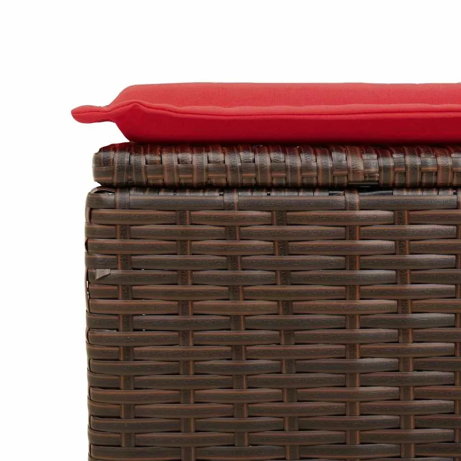 Detailansicht: Brauner Rattan Gartenhocker mit rotem Kissen der vidaXL 9-tlg. Sofagarnitur.