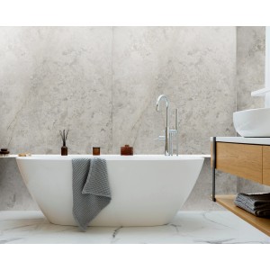 Badezimmer mit Kronoflooring Wandverkleidung Rock the Wall Foyer Elegant in Grau.