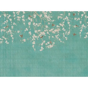 Fototapete Blumen blau-creme mit Vögeln, florales Muster für Wohnraum.
