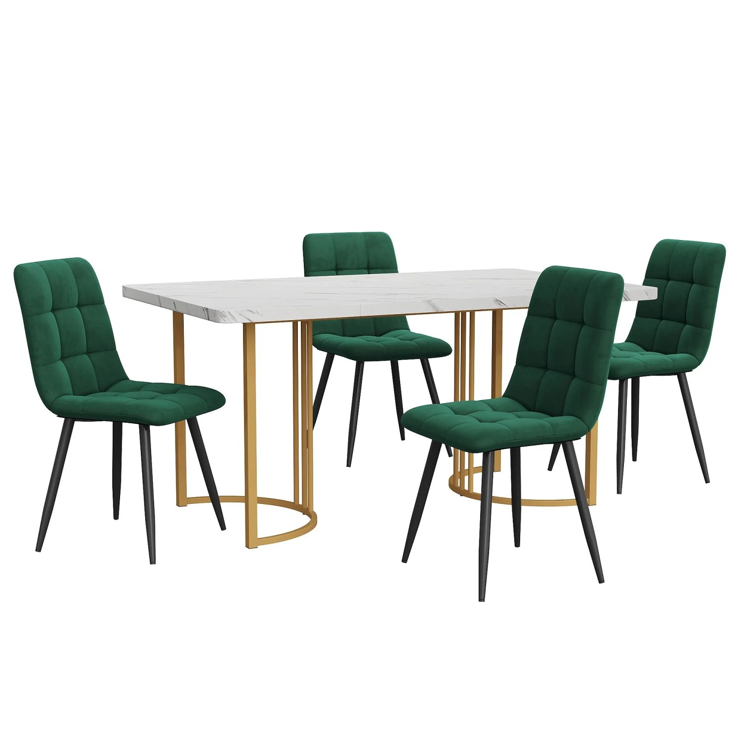 Merax Essgruppe 5-tlg mit 140x80cm Esstisch  4 Samtstühle Dunkelgrün  MDF Weiß  Goldbeine