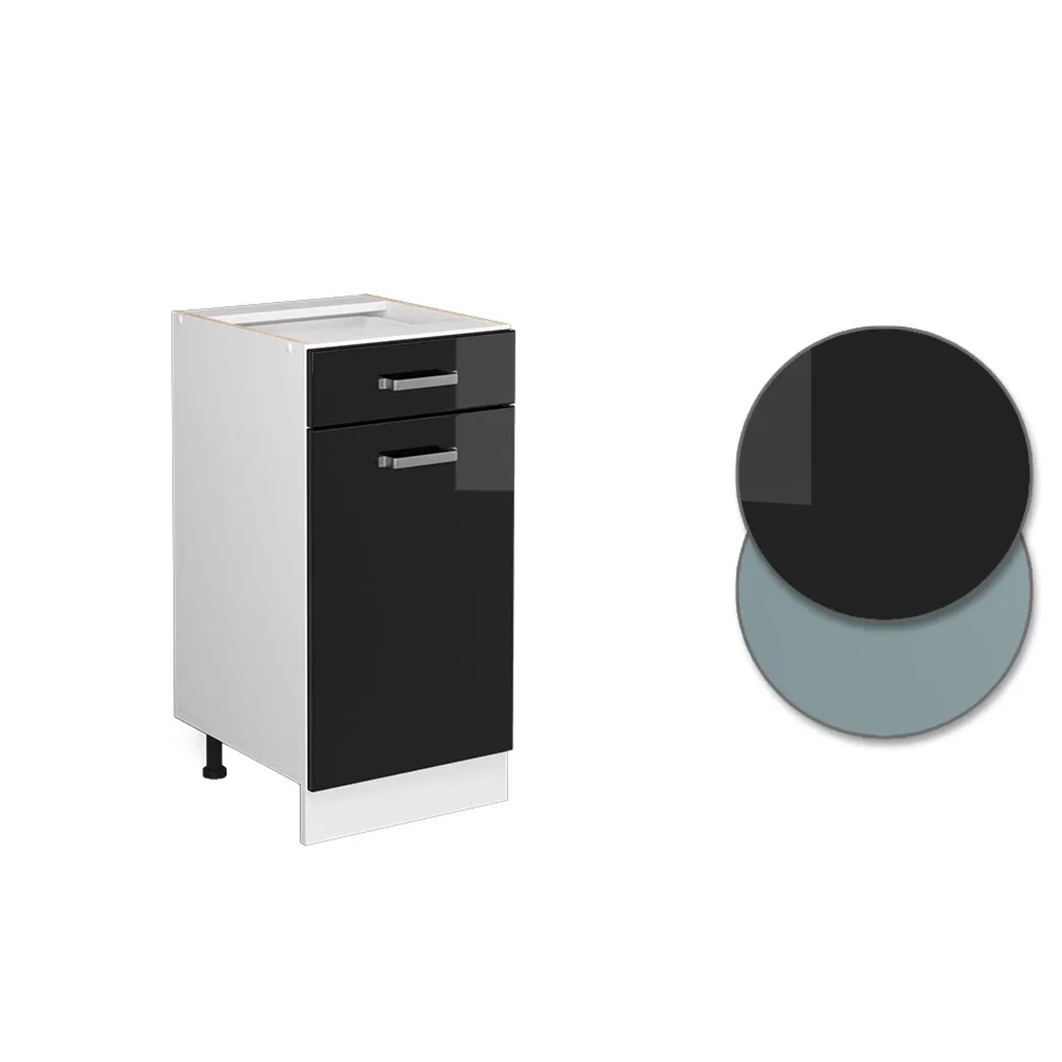 Vicco Küchenunterschrank R-Line, schwarz hochglanz/weiß, 40 cm mit Eiche Arbeitsplatte.