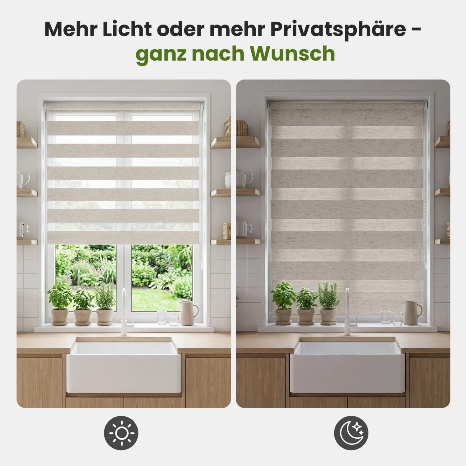 Beiges SALCAR Doppelrollo am Fenster, zeigt Tag- und Nachtfunktion. Offen für Tageslicht, geschlossen für Sichtschutz. Klemmfix Rollo.