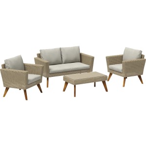 4-teiliges Sofa-Lounge-Set Borup in Beige mit Wicker-Geflecht und Tisch mit Glasplatte.