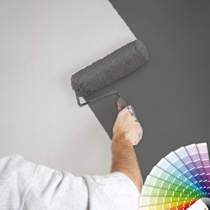 Hand streicht Vliestapete mit Farbroller grau. Farbfächer im Bild. Raufaser Optik.