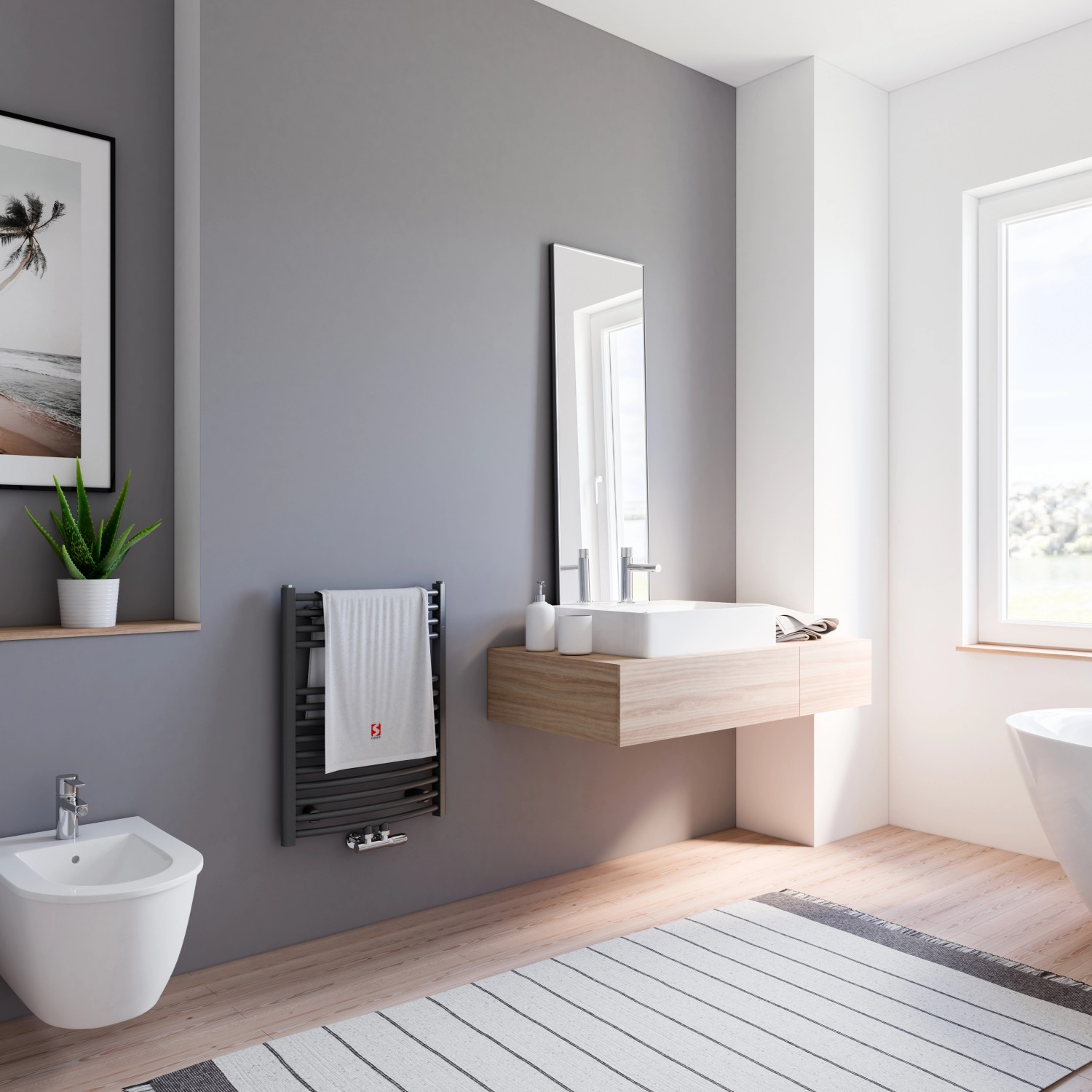 Schulte Design-Heizkörper Europa, 331 W, Anthrazit mit Mittenanschluss im modernen Bad.