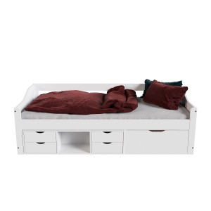 Weißes Juskys Kinder Funktionsbett Nalu 90x200 mit Schubladen, Fach und Lattenrost. Bett für Kinderzimmer.