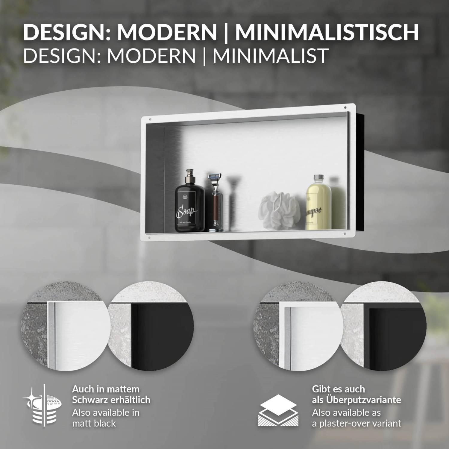 LuxeBath Wandnische, Edelstahl, 60x30x10 cm, silber. Einbauregal für Duschzubehör.