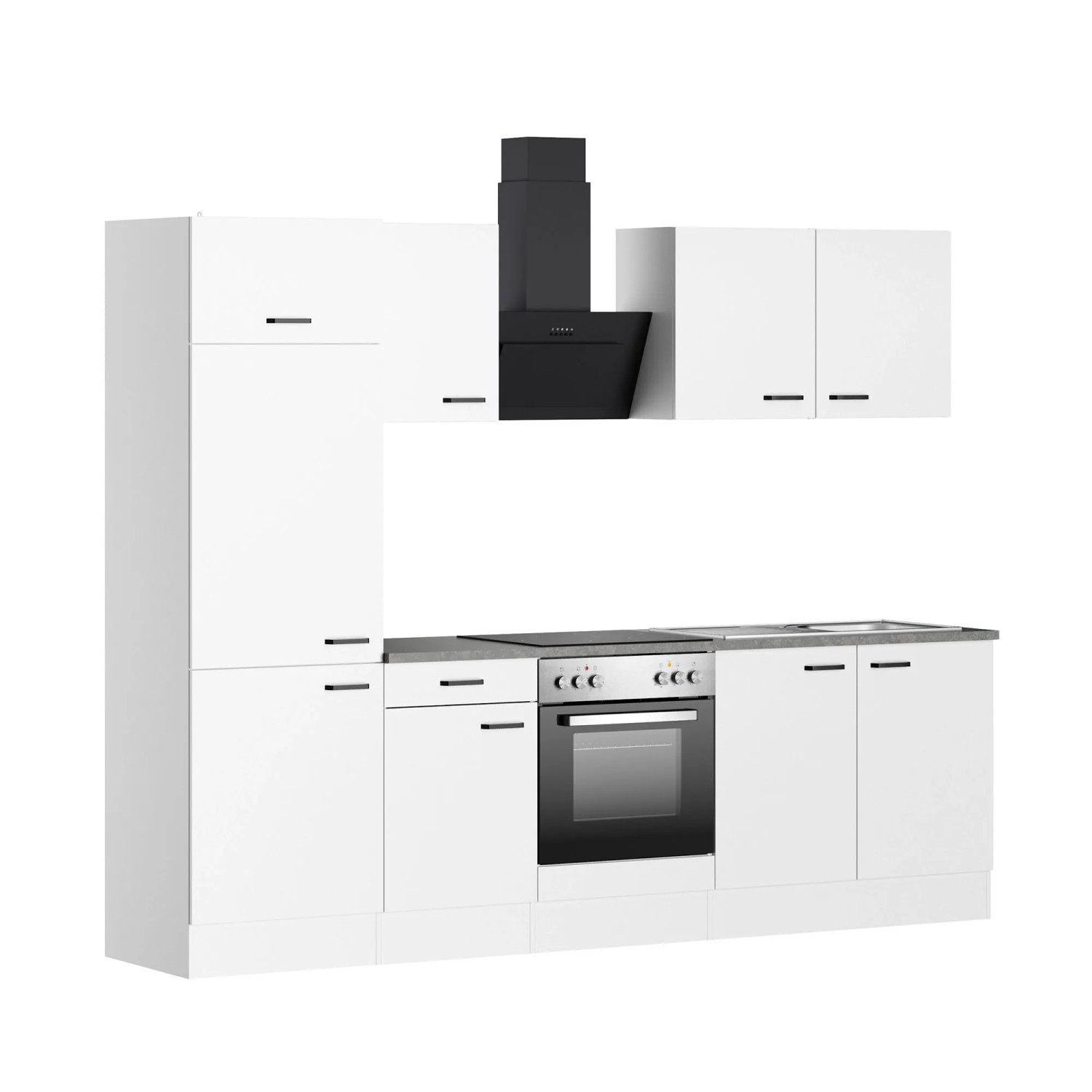 Weiße OPTIFIT Küchenzeile Bonn214, 270 cm breit, mit Spüle und Hängeschränken.