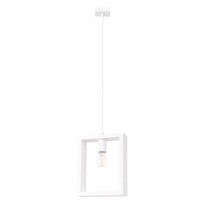 Weiße Sollux Lighting Pendelleuchte Aries mit quadratischem Holzrahmen. Hängelampe im skandinavischen Stil.
