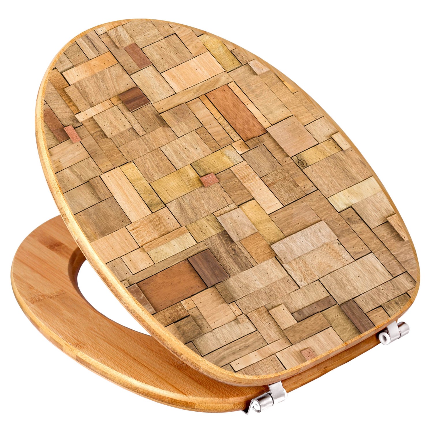 Banjado WC-Sitz aus Bambus mit Holzflickwerk-Motiv und Universal-Scharnieren.