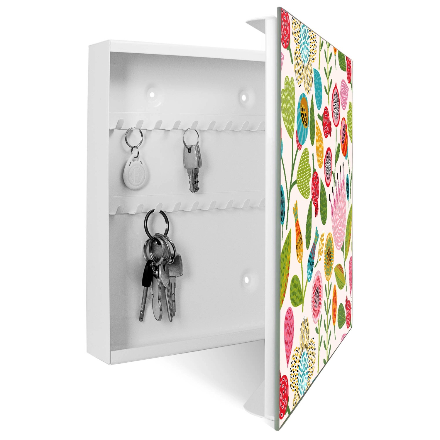 Weißer Schlüsselkasten mit floralem Dekor, 50 Haken, beschreibbarer Glastür und Magnetfunktion.
