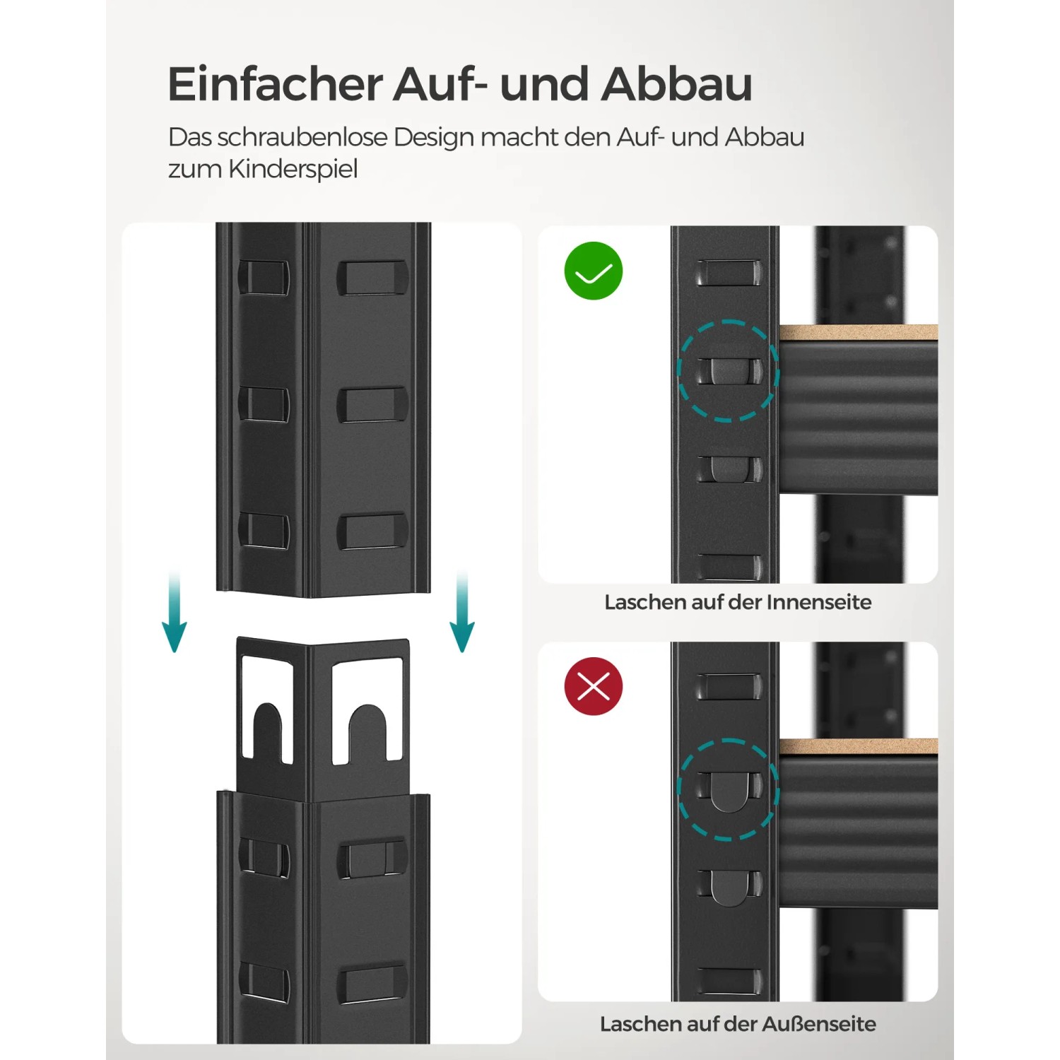 Detailaufnahme: Stecksystem des braun-schwarzen Songmics Standregals für einfachen Aufbau.