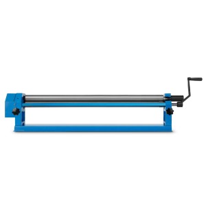 EBERTH Rundbiegemaschine mit drei Walzen, blauem Gestell und Handkurbel für Bleche bis 1300mm.