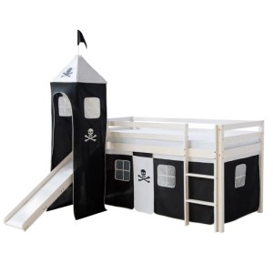 Weißes Homestyle4u Kinderhochbett 90x200 mit Piraten-Vorhang, Rutsche, Turm und Leiter. Robustes Abenteuerbett aus Holz.