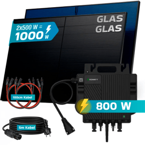 SUNNIVA Balkonkraftwerk 1000W mit Wechselrichter, Solarmodule, Kabeln. Bifazial Fullblack Glas-Glas Design.