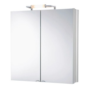 Jokey Spiegelschrank, 65 cm breit, mit Aufsatzleuchte und zwei Spiegeltüren in Alu-Optik.