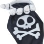 Halloween-Tüte mit Totenkopf und Knochen, Griff in Form einer Skeletthand.