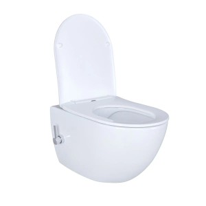 Weißes Creavit Wand-WC mit Bidetfunktion und Warmwasserarmatur, spülrandlos für einfache Reinigung.