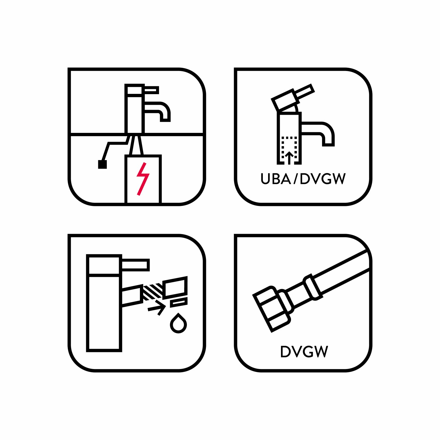 Icons zur baliv Niederdruck-Küchenarmatur KI-1200 N: Boiler-Eignung, UBA/DVGW-Zertifizierung, Strahlregler, DVGW-Schlauch.