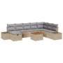 Beiges 9-teiliges vidaXL Garten-Sofa-Set aus Poly Rattan mit Kissen und Stauraum.