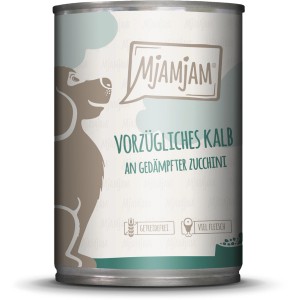 Mjamjam Hundenassfutter Vorzügliches Kalb mit Zucchini, 400g Dose.