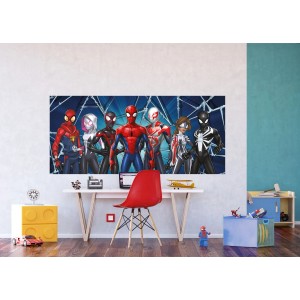 Sanders & Sanders Fototapete mit Spider-Man und Freunden in Rot, Blau und Grau. Ideal für Kinderzimmer.