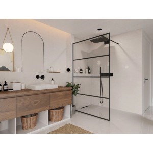 Schwarze Vente-unique Duschwand Inaya II aus Glas im Industrial-Design in modernem Bad. Walk-In-Dusche 120 cm.