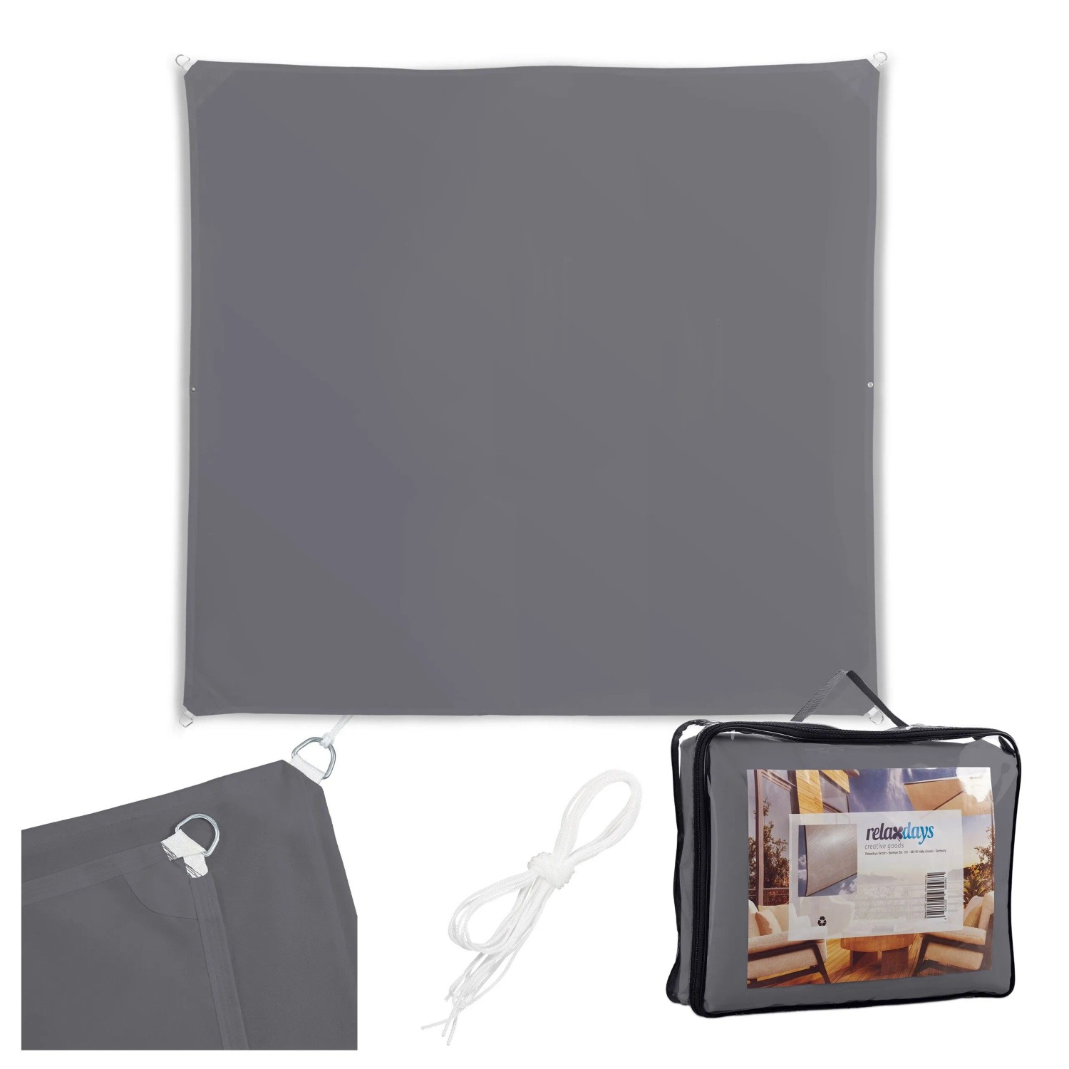 Relaxdays Sonnensegel Polyester Dunkelgrau Wasserabweisend 3 x 3 m