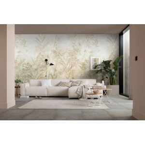 Wohnraum mit Komar Fototapete Zen Zone (300x250 cm) mit Pflanzenmotiv.