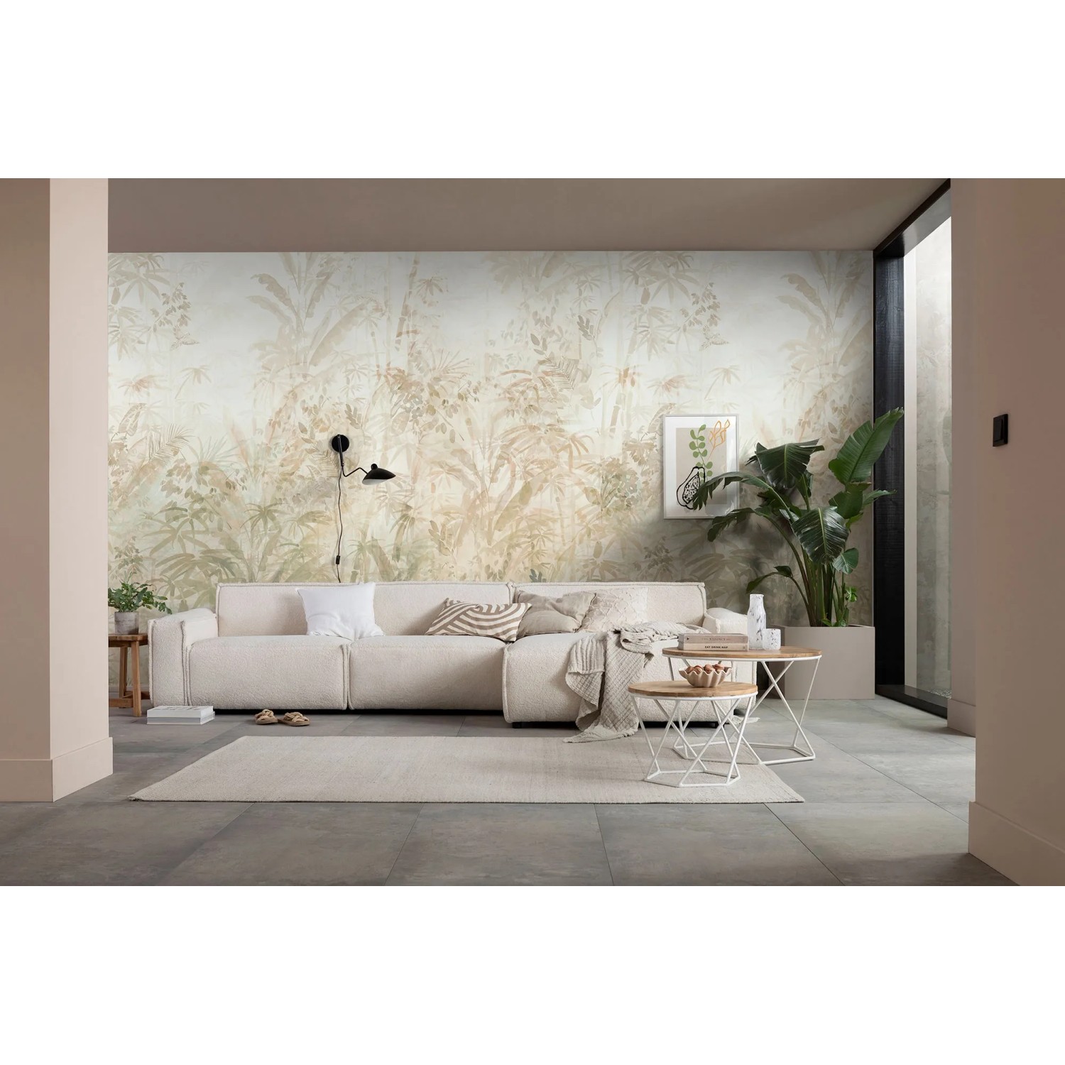 Wohnraum mit Komar Fototapete Zen Zone (300x250 cm) mit Pflanzenmotiv.