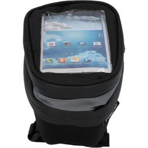 Schwarze Fischer Oberrohrtasche Premium mit Smartphone-Halterung für Fahrräder.